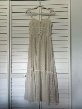Patrons of Peace Cream Swiss Dot Spaghetti Strap Maxi Dress